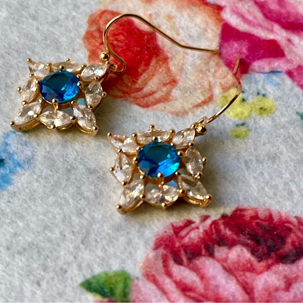 Bomb Party | Blue Center Stone and Clear Marquis Shaped CZ Gold Plated Earrings
